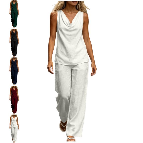 MLCDZ Women's Outfits Lounge Sets Two Piece Sleeveless Round Neck Elastic Waist Lightweight Loose Pants with Pockets Vacation Summer Dressy Tracksuit