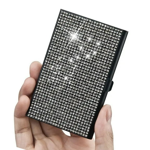 Sparkling Rhinestones Business Card Case Metal Business Card Organizers Case Pocket Name Card Wallet for Men Women