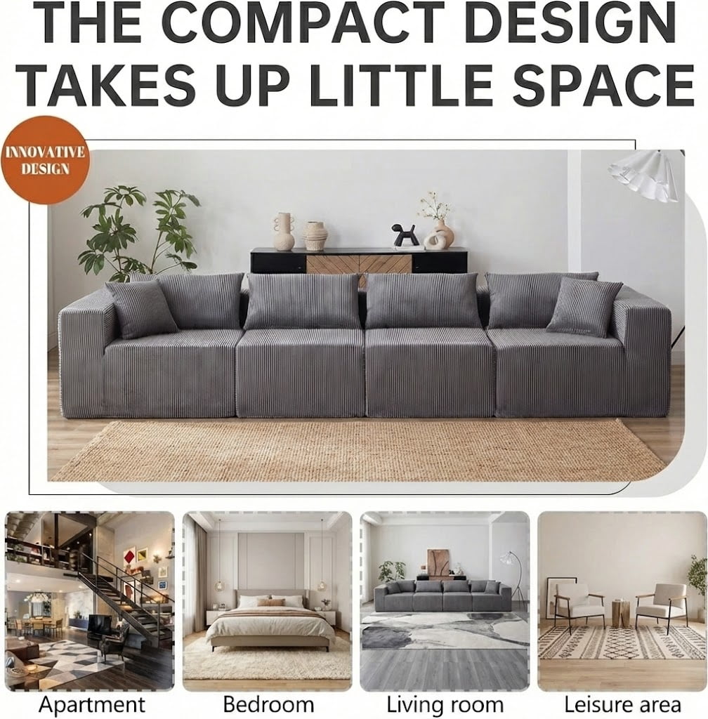 Xiweot 104” Modular Sectional Sofa, 4 Piece L Shaped Sectional Sofa & Floor Couch, Corduroy Foam Filled Compressed Sectional Couch for Living Room, Bedroom (Grey)
