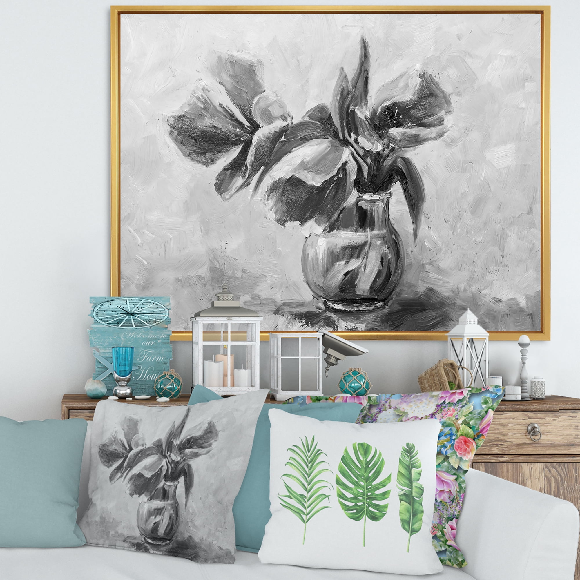 Designart 'Black and White Still Life Of Flowers In A Vase' Traditional Framed Canvas Wall Art Print