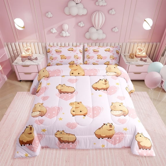 Erosebridal Capybara Comforter Set,Cartoon Animal Bedding Set,Pink Love Heart Reversible Duvet Insert,Cute Capybara Quilt with 2 Pillowcases for Bedroom,Full