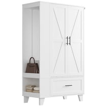 IRONCK 67" Tall Wardrobe Closet with Mirror and Drawer, Wood Bedroom Armoire Cabinet with Side Shelves and Hooks, White