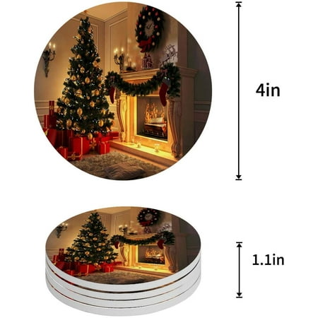 

KXMDXA Christmas Tree and Fireplace Love Warm House Set of 6 Round Coaster for Drinks Absorbent Ceramic Stone Coasters Cup Mat with Cork Base for Home Kitchen Room Coffee Table Bar Decor