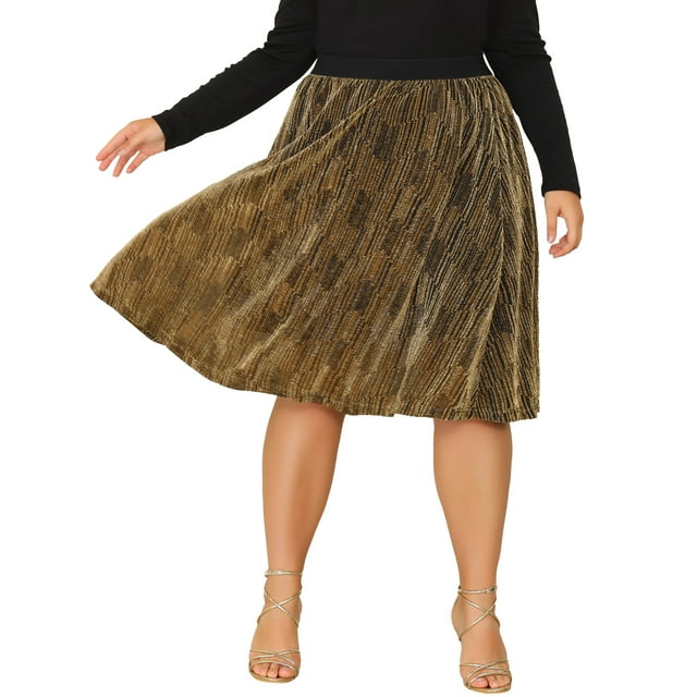 GRACE & GRANDEUR Women's Plus Size Party Metallic Sparkle Sequin Spring Fall Skirt 1X Gold