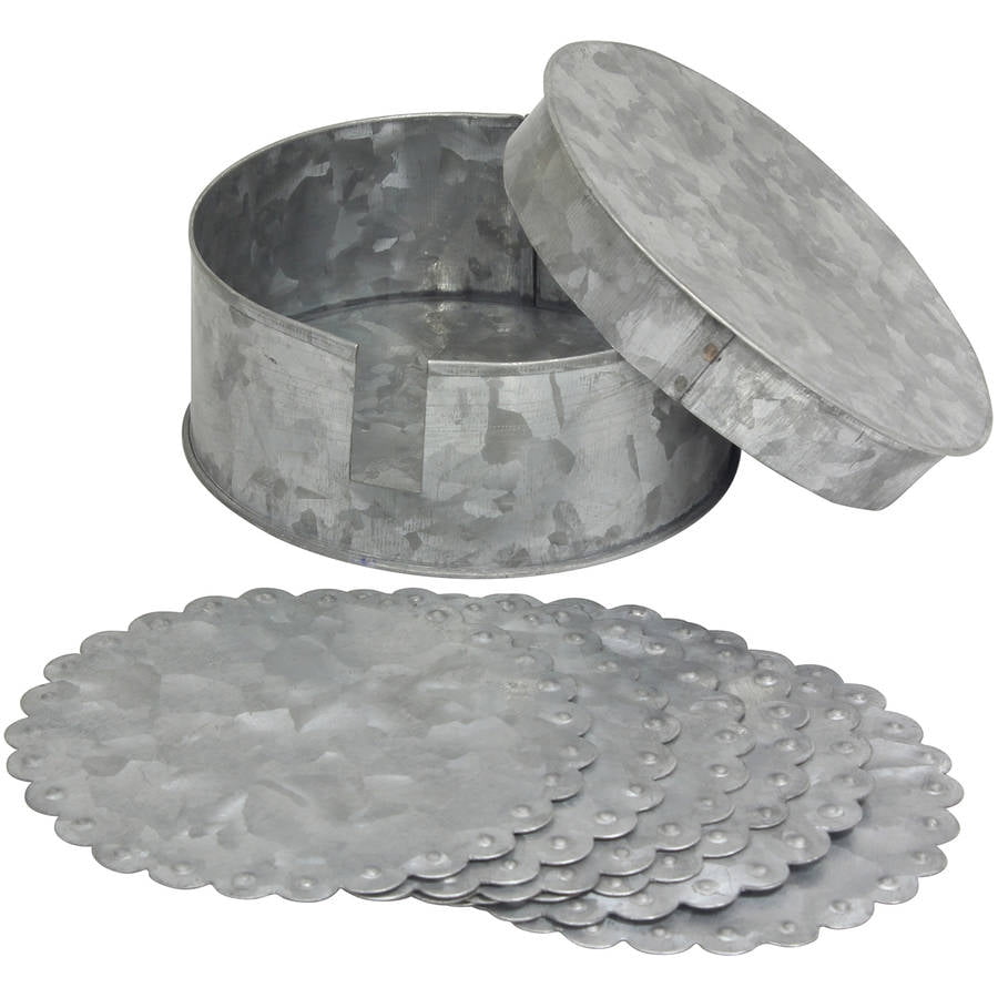 Unique Galvanized Metal Drink Coaster Set with Holder, Set of 6