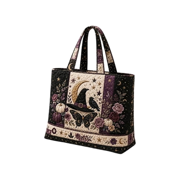 Vintage Quilted Halloween Tote Bag, Black Cat Pumpkin Bat Pattern Shoulder Handbag, Large Capacity Autumn Fall Holiday Shopping Bag for Halloween Party Daily Use,A