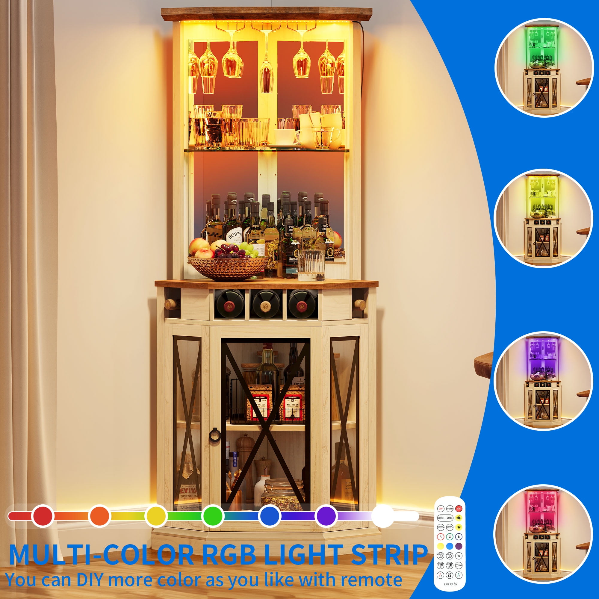 Dextrus Corner Storage Cabinet with Door & Led Light, 72" Tall Corner Bar Cabinet with Adjustable Shelves