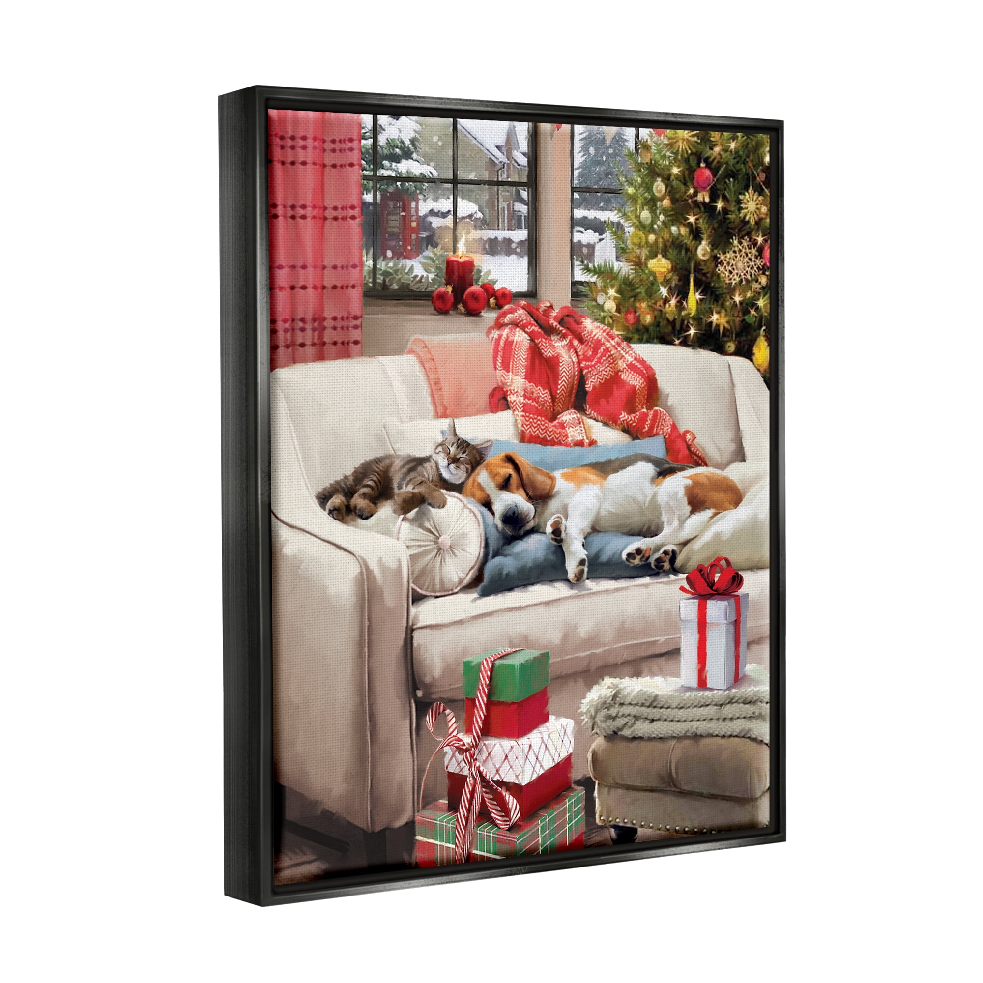 Stupell Industries Pets on Holiday Couch Holiday Painting Black Floater Framed Canvas Art Print Wall Art, 25 x 31