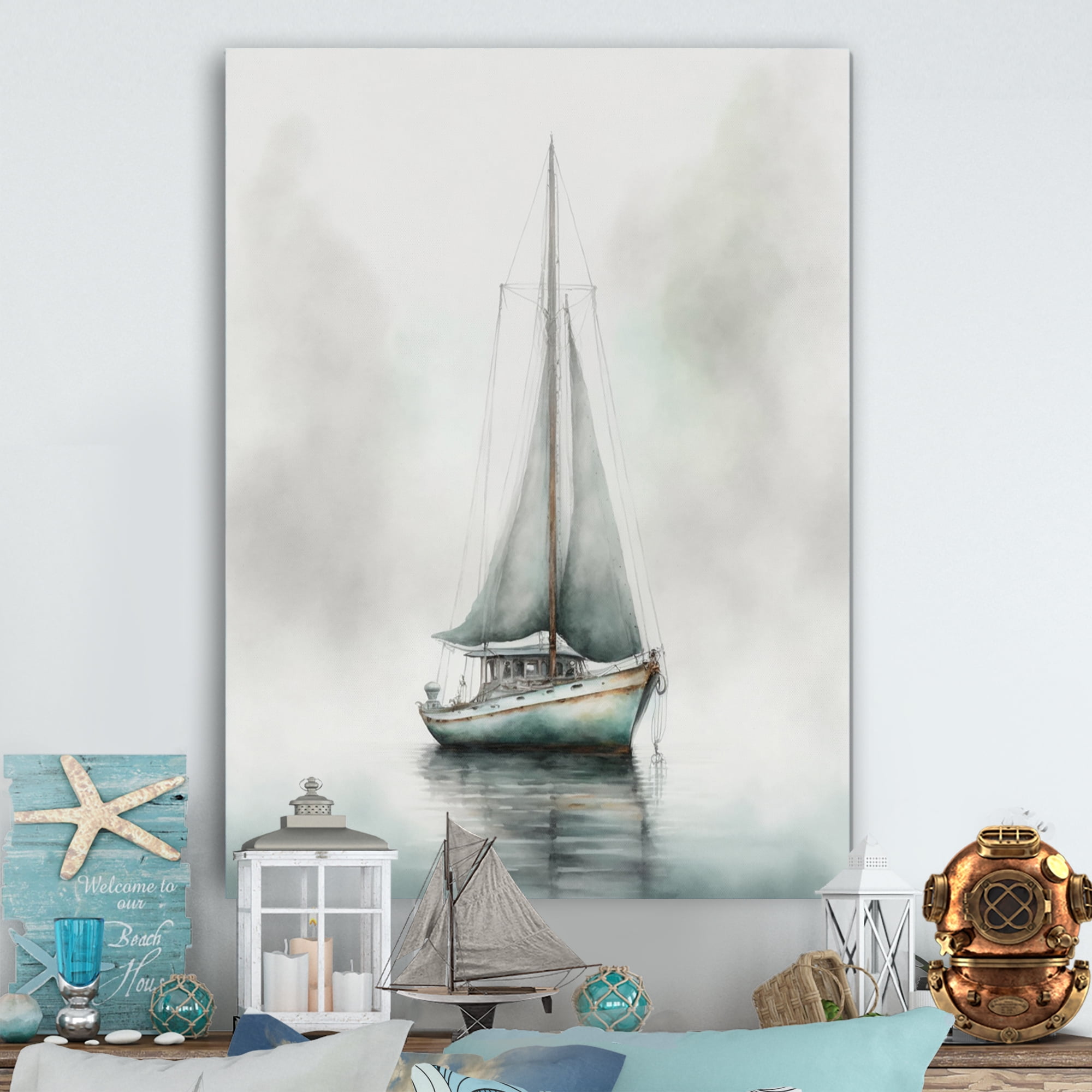 Designart Sailboat Anchored In Fog Canvas Wall Art