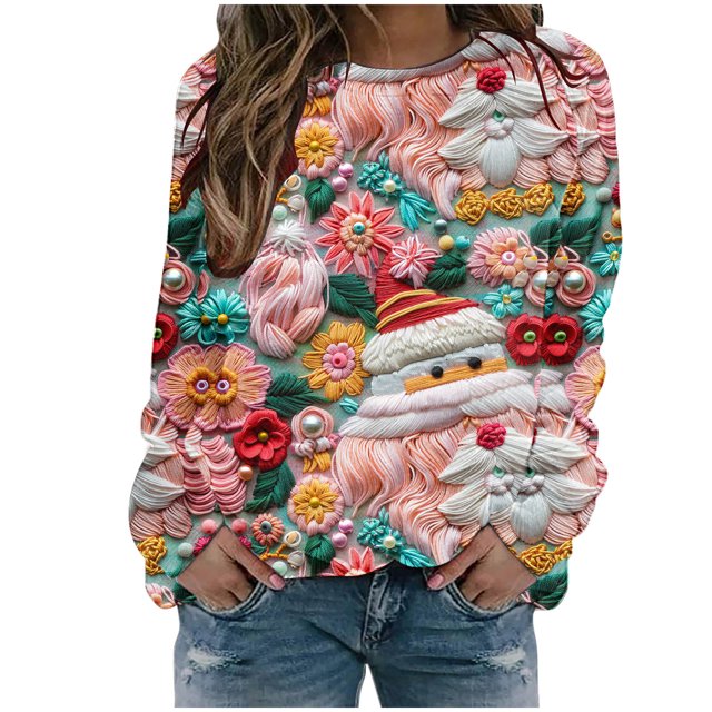 lcziwo Offres Spéciales Chandails de Noël pour Femmes, Chandails de Noël Laids pour Femmes 2024 Graphique de Noël Manches Longues Col Rond Chandail Rose,P