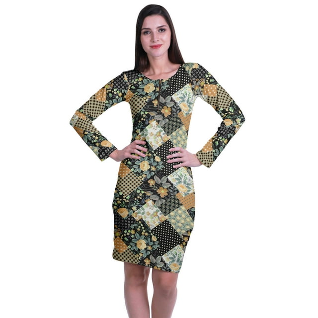 Moomaya Robe Moulante Imprimée pour Femmes à Manches Longues, Longueur Midi