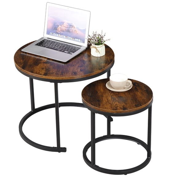 Set of 2 Industrial Round Nesting Coffee Table Accent Side Table for Living Room