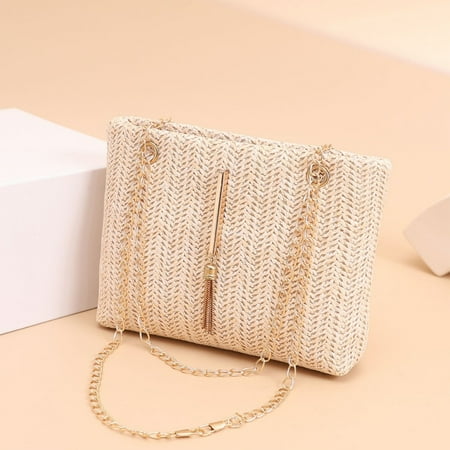 Straw Square Chain Shoulder Bag | Woven Envelope Handbag | PU Leather Hardware Accent | Adjustable Detachable Strap | Lightweight Crossbody Purse | 7.68x6.1x1.18 in | Beige White
