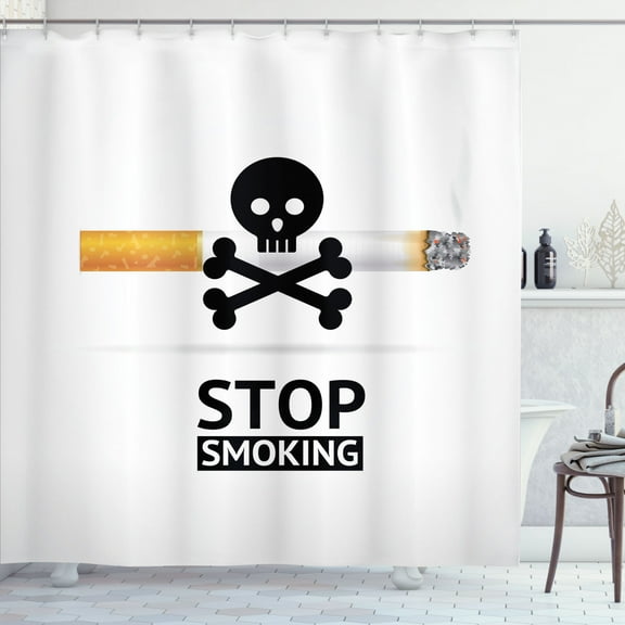 Skull Smoking Shower Curtain, Danger Symbol About Health Issues and Cigarette on Background, Fabric Bathroom Set with Hooks, 69W X 70L Inches, Off White Charcoal Grey, by Ambesonne