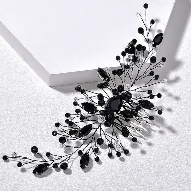 Zhuge Horquillas para el pelo de boda con flores para novias, peinetas con perlas de cristal,joyas con diamantes de imitación para novias, damas de honor y mujeres (negro)