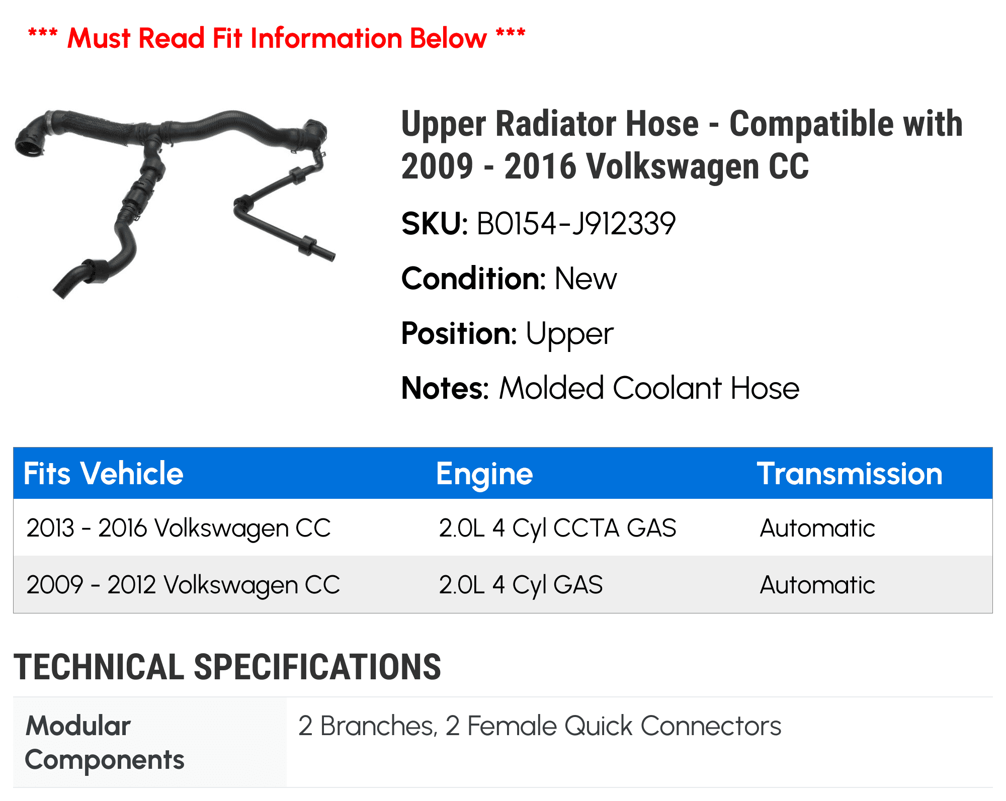 Upper Radiator Hose - Compatible with 2009 - 2016 Volkswagen CC 2010 2011 2012 2013 2014 2015