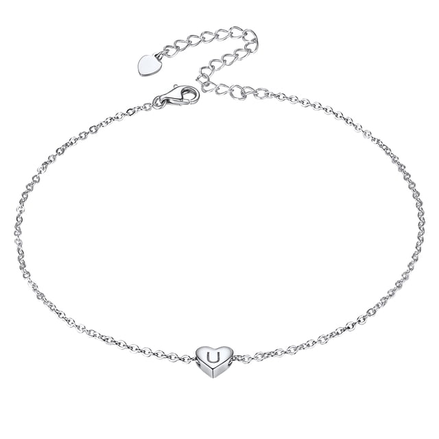 Tobillera de plata esterlina Silvora iniciales de niña forma de corazón letra U