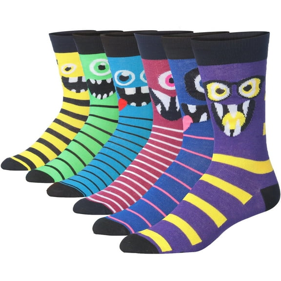 JAMES FIALLO Men's Fun Monster Crew Socks 6-Pack - Colorful Polyester Blend Novelty Socks