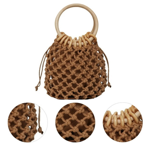 OATIPHO 1Pc Boho Tote Bag Round Wooden Handle Cotton Shopping Handbag for Women
