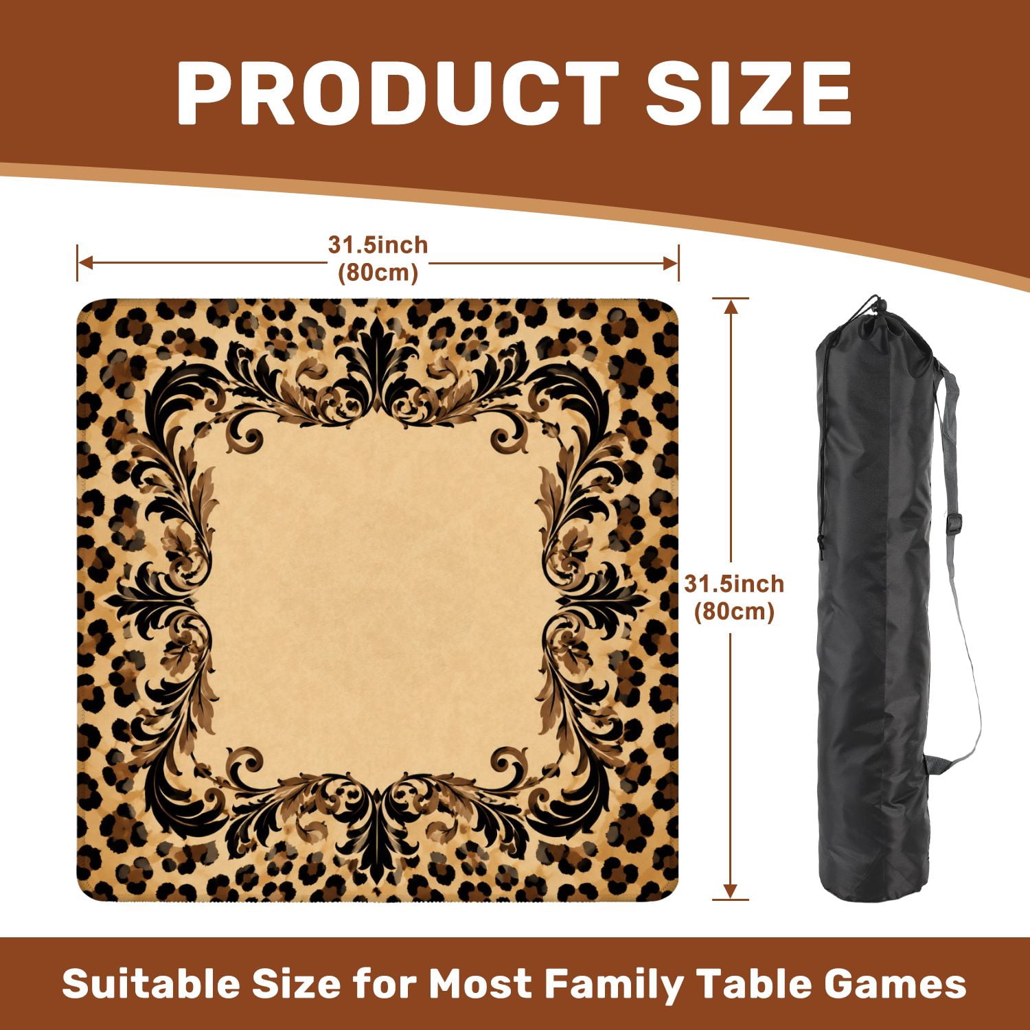 Mahjong Mat 31.5" x 31.5" Leopard Print Elegant Leafy Frame Design Non-Slip Noise Reduction Mahjong Tiles Table Cover for Dominoes Poker Card Board and Tile Games