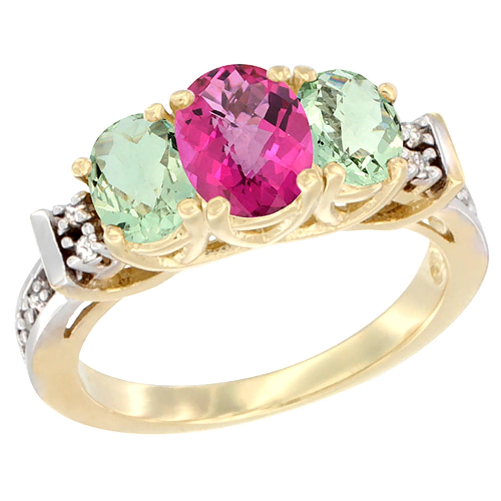10K Yellow Gold Natural Pink Topaz & Green Amethyst Ring 3-Stone Oval Diamond Accent by WorldJewels