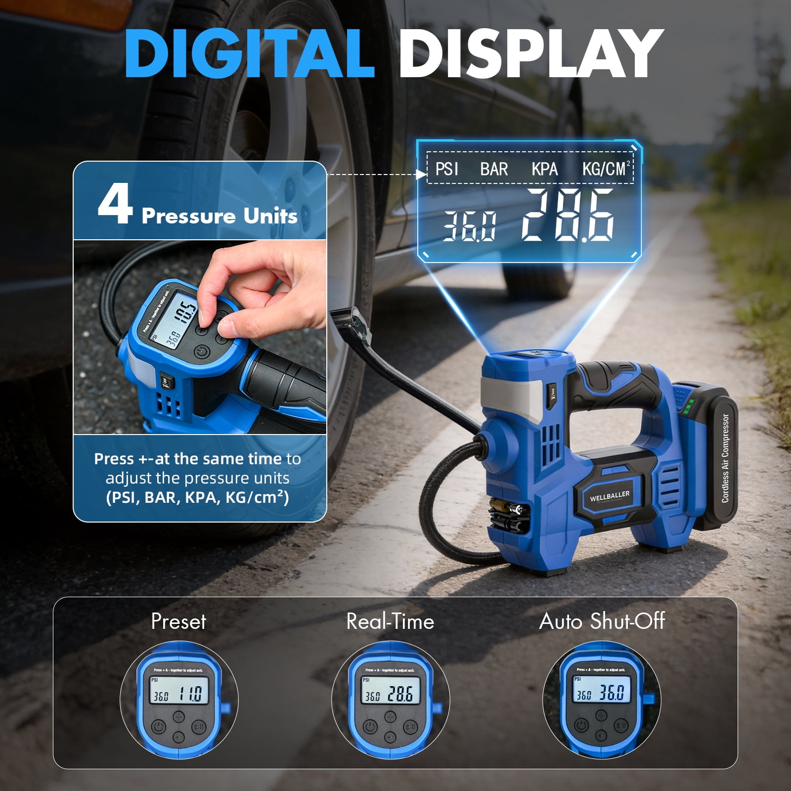 20V Cordless Portable Tire Inflator, 150PSI, 25mm Metal Cylinder with LCD Display & LED Light