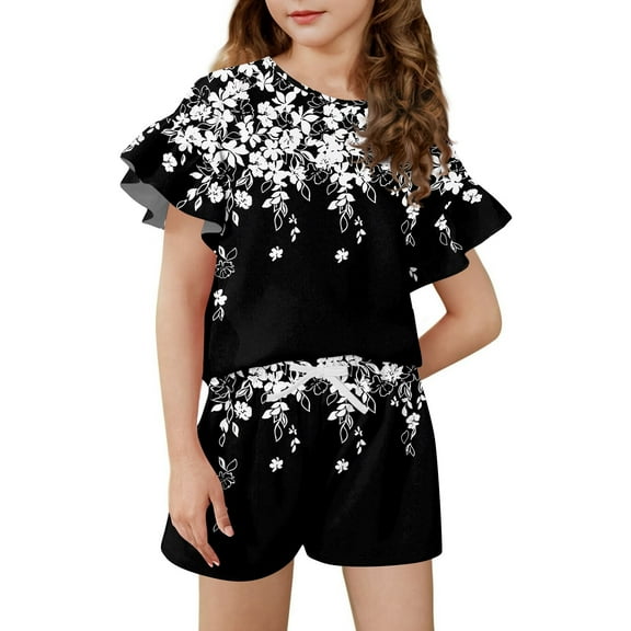 Xyxonk Girls Summer Clothes Casual Ruffle Sleeve Tops and Elastic Waist Shorts Clothing Sets Lightweight Two Piece Floral Outfits Size 7-8 Black 120