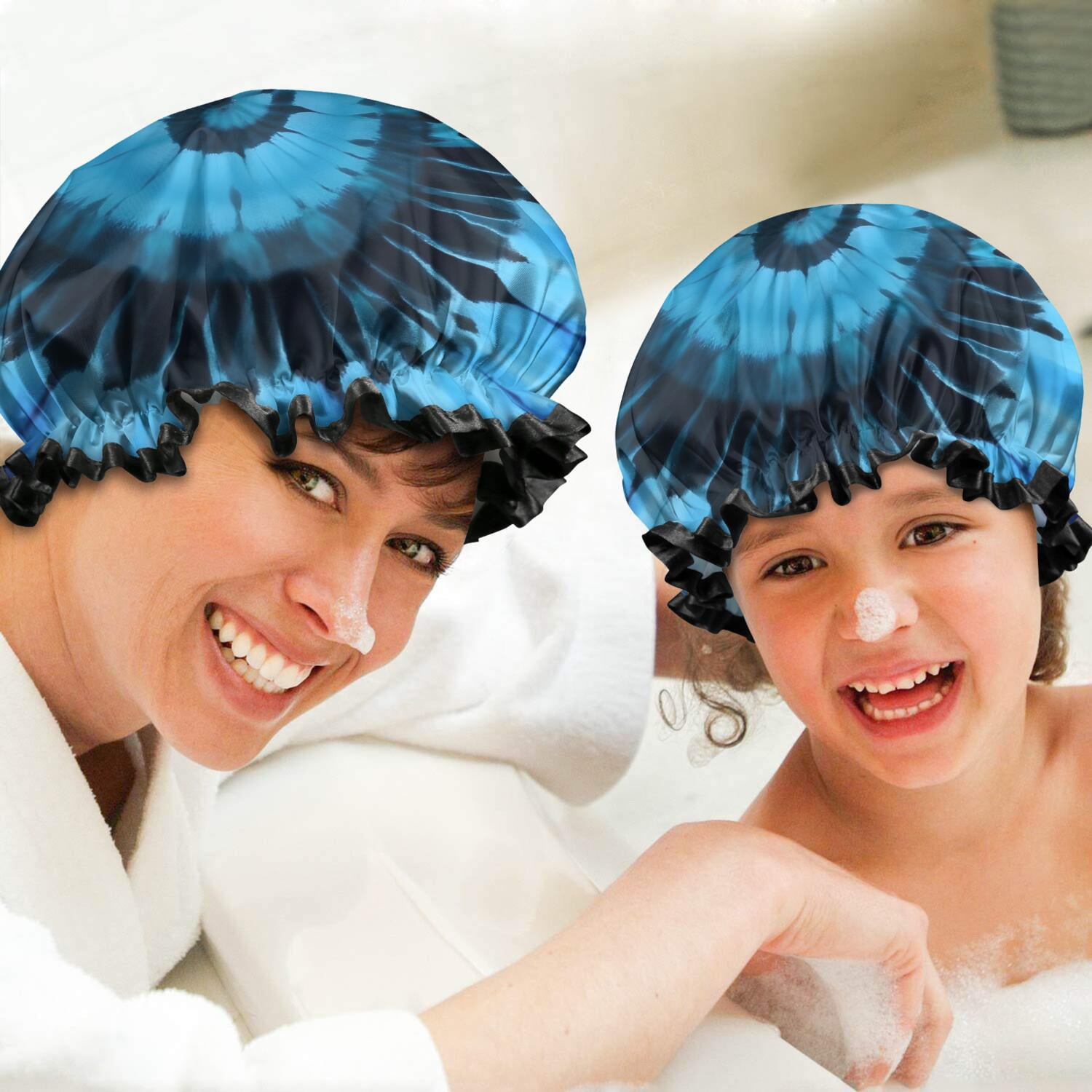 Shower Caps,Blue Tie Dye Mandala Pattern Waterproof Shower Cap for Women 4 Pieces,Double Reusable Hair Cover for Shower PEVA Elastic Stretch Hem