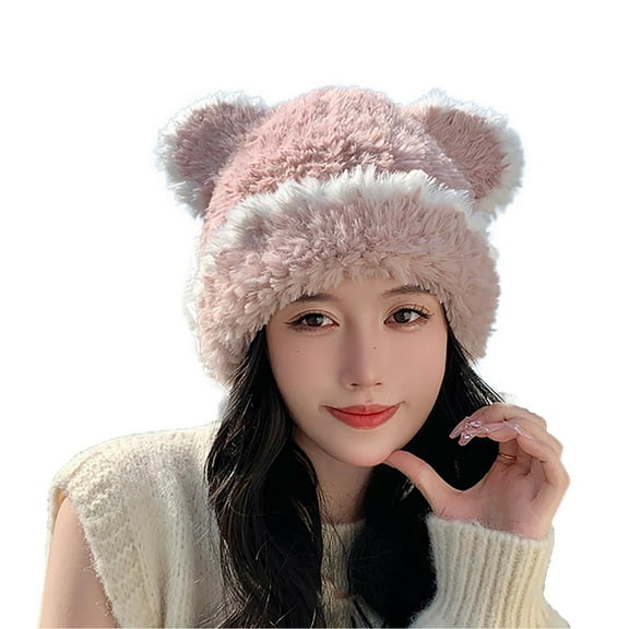 XMMSWDLA Cute Plush Bear Ear Hats for Women Girls Winter Warm Faux Knitted Caps Bucket Hats Winter Hats