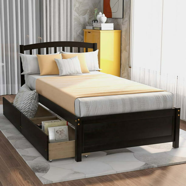 Twin Platform Storage Bed Wood, Wooden Bed Frame With Headboard And Storage
