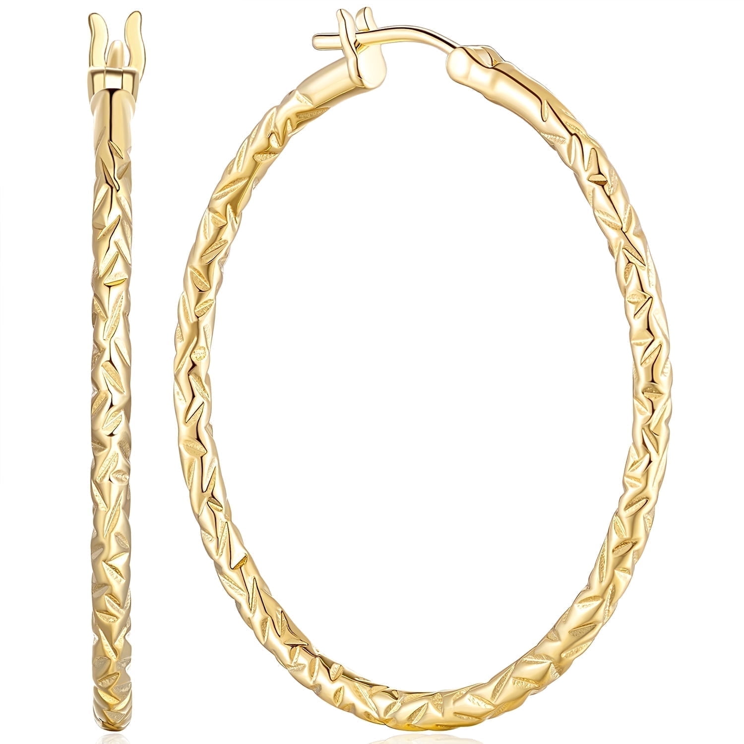 14K Gold Hoop Earrings for Women Textured 40mm Large Gold Hoops with Engraved Braided Pattern, Lightweight Everyday Statement Gold Plated Jewelry