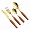 thumbnail image 1 of Xiao Hua Juego de cubiertos de acero inoxidable de 16 piezas con mango corto de madera, cuchillo, tenedor y cuchara, para 4 personas, dorado, 1 of 5