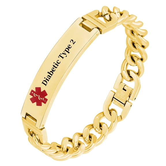 Vagzen Stainless steel Medical Alert ID Bracelet for Men, Engraved Diabetic Type 2, Gold