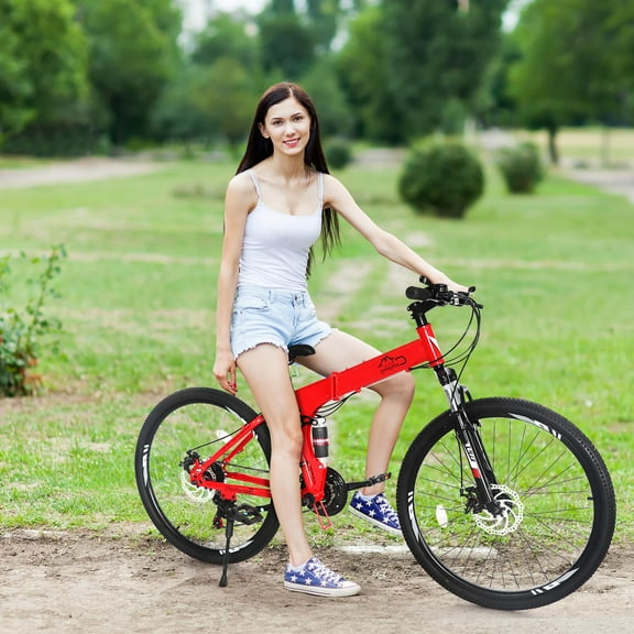 Campingsurvivals 26" Folding Mountain Bike, for Men and Women Exercise Fitness, 21-Speed, Red