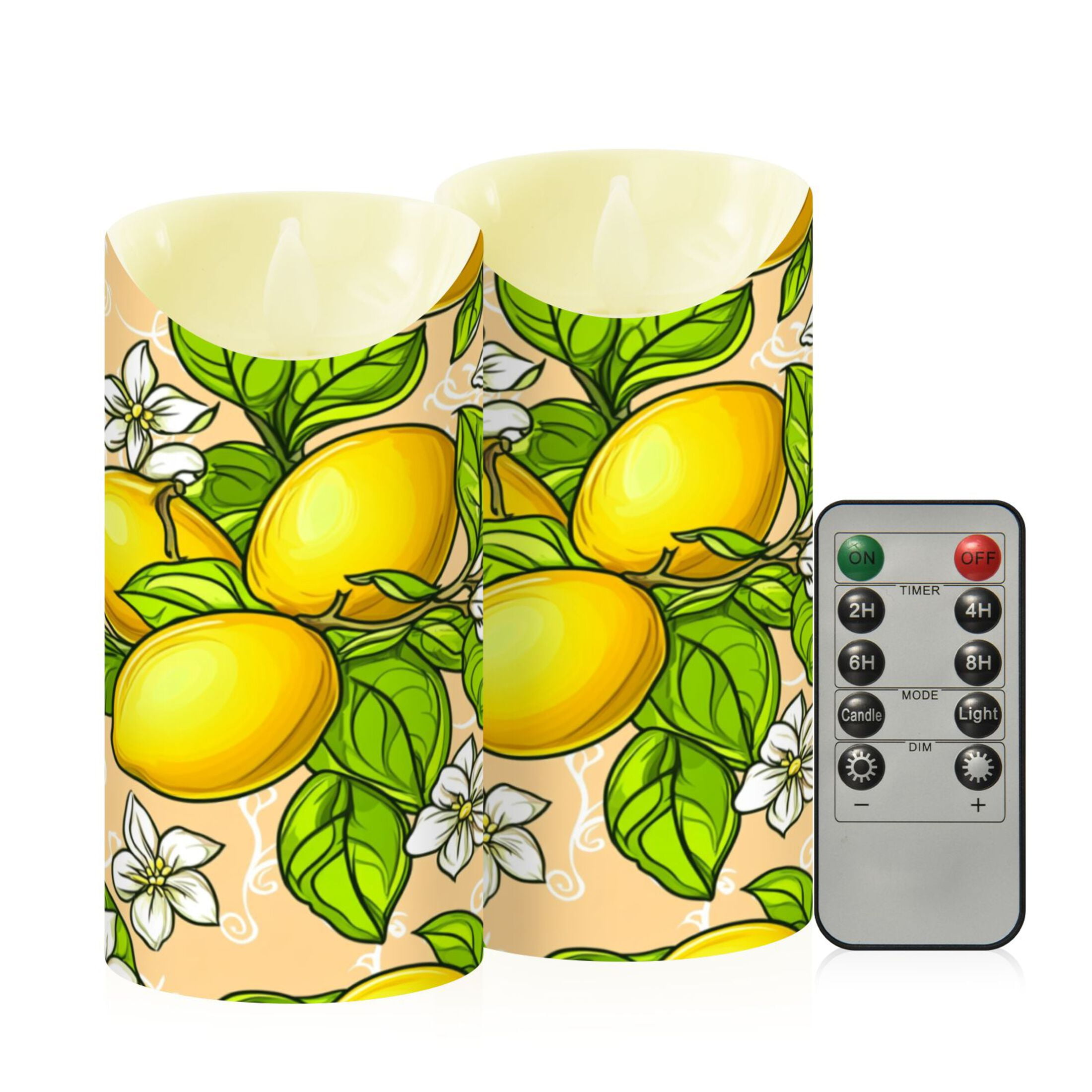 Lemon Blossoms Flameless Candles 2 PCS with Remote Realistic Moving Flame LED Tapered Pillar Set for Home Decor