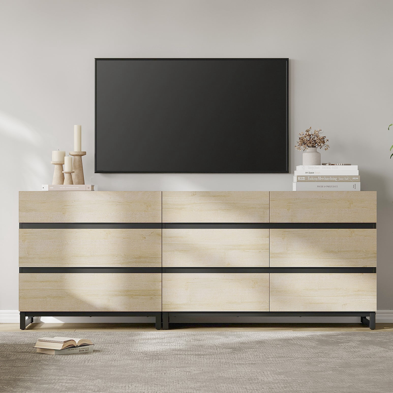 Modern TV Stand For Tvs Up To 90 Inches, 2 In 1 TV Console With 9 Drawers, Media Console With Adjustable Shelf For Living Room, Bedroom,Beige