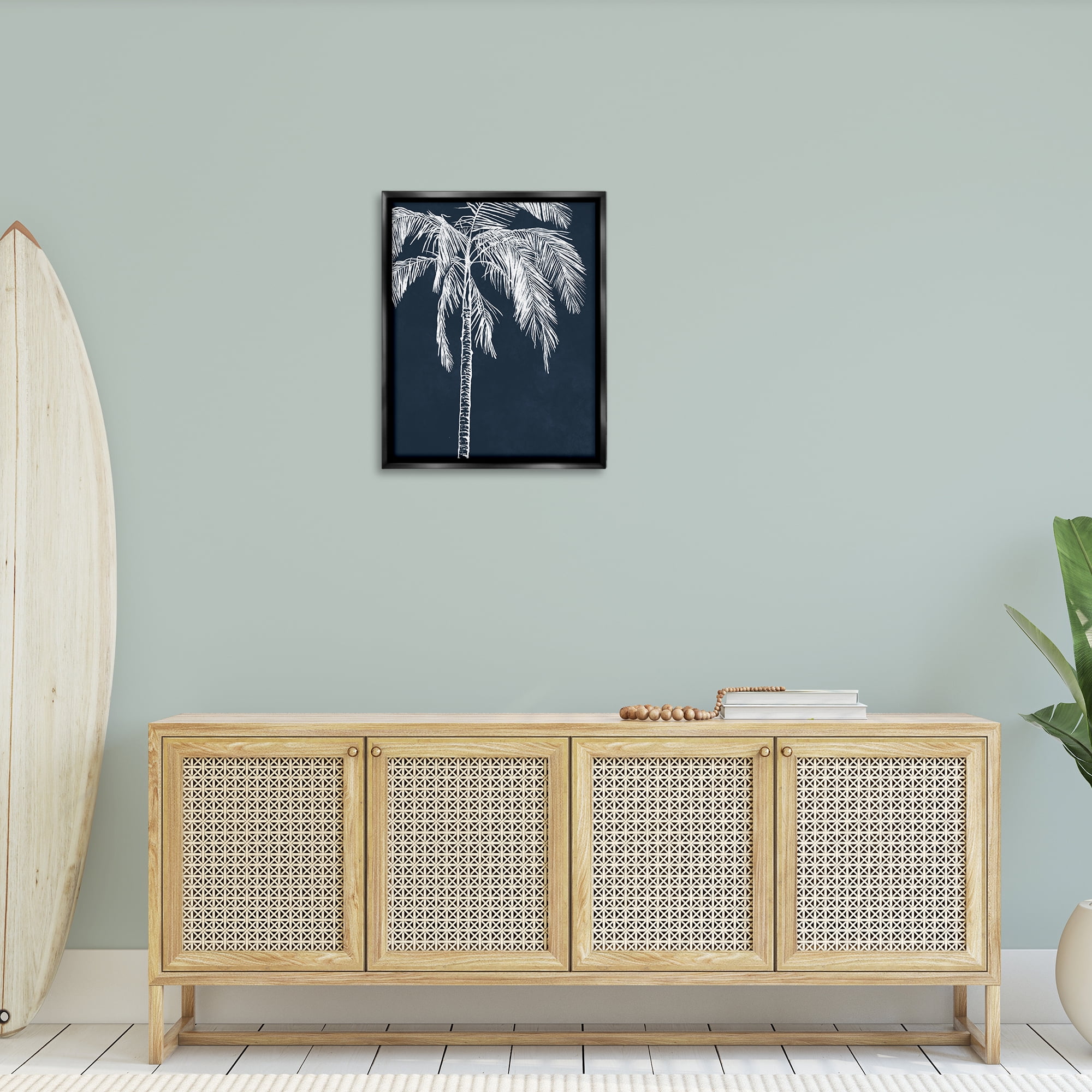 Stupell Industries White Outline Palm Tree Plants & Flowers Painting Black Floater Framed Canvas Art Print Wall Art, 25 x 31