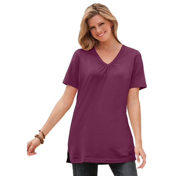 Woman Within Plus Size Perfect Short-Sleeve Shirred V-Neck Tunic
