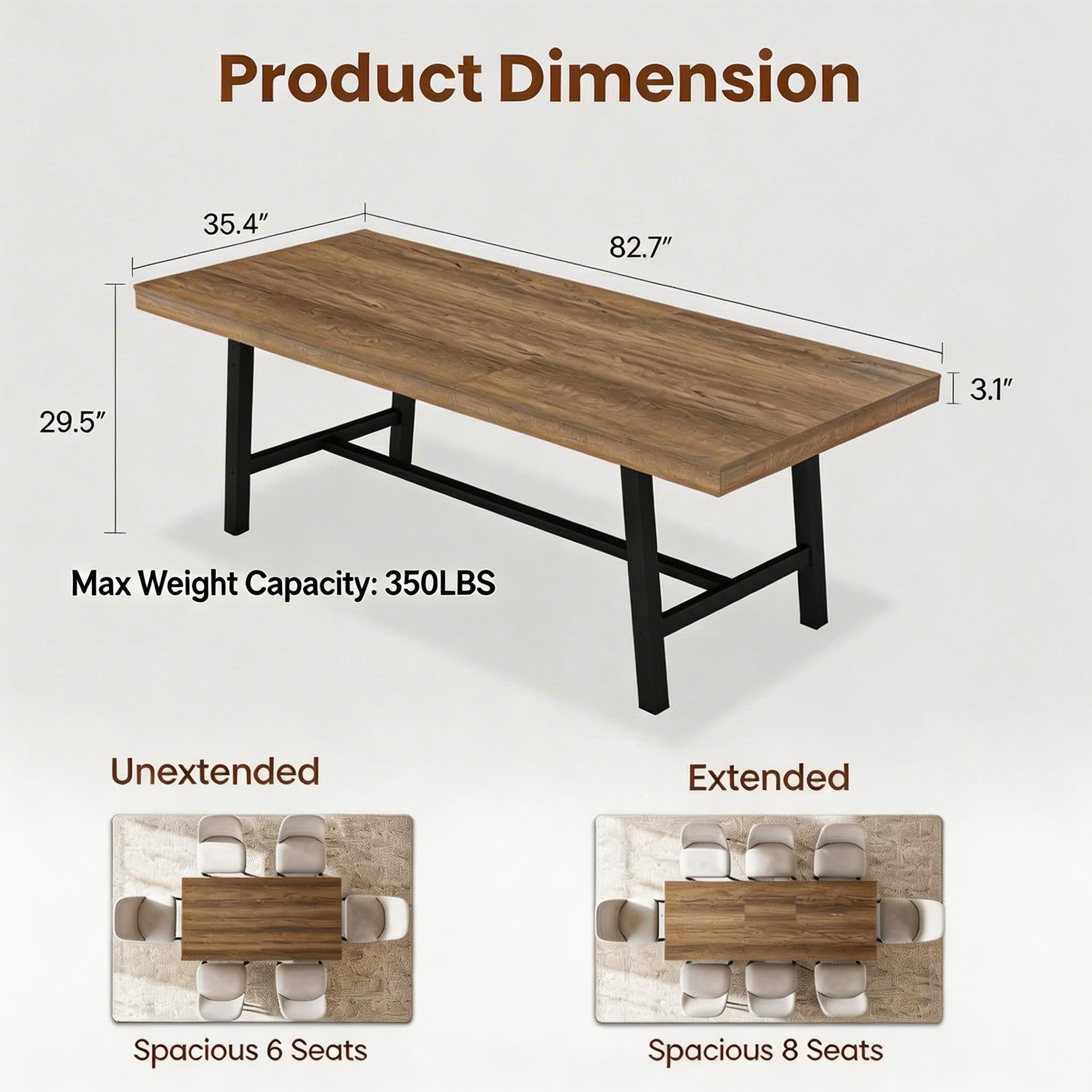 63"-83" Extendable Industrial Dining Table - Seats 6-8 - Expandable Rectangular Kitchen Table with Metal Frame for Parties-Rustic Pear