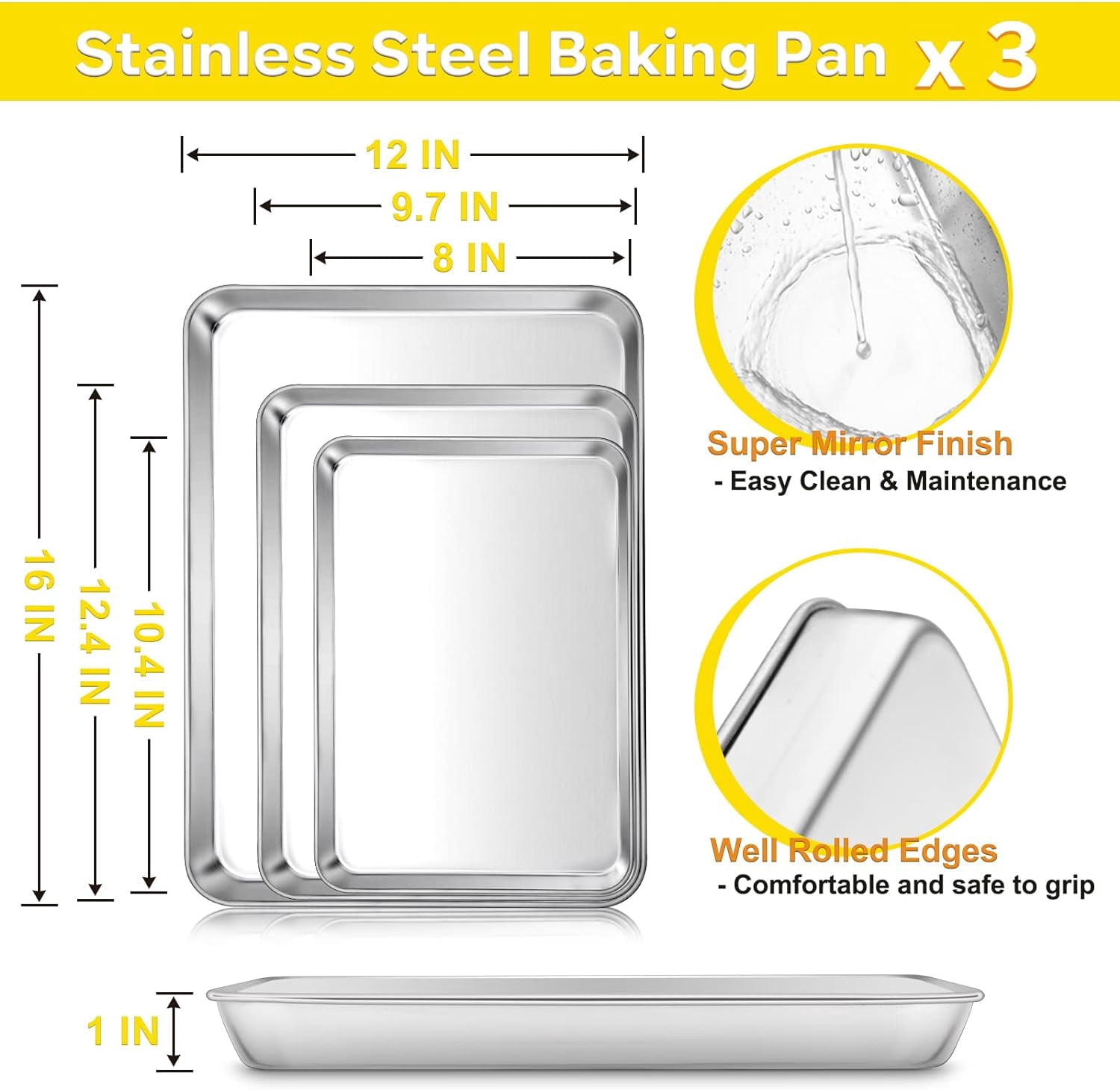 Baking Cookie Sheet Pan Set of 3, 16/12.4/10.4 Inch, Stainless Steel Baking Pans Set for Oven, Rectangle Baking Tray for Cooking Roasting, Non Toxic & Easy Clean, Dishwasher Safe