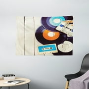 Indie Tapestry, Gramophone Records and Old Audio Cassettes on Wooden Table Nostalgia Music, Wall Hanging for Bedroom Living Room Dorm Decor, 60W X 40L Inches, Blue Orange Black, by Ambesonne