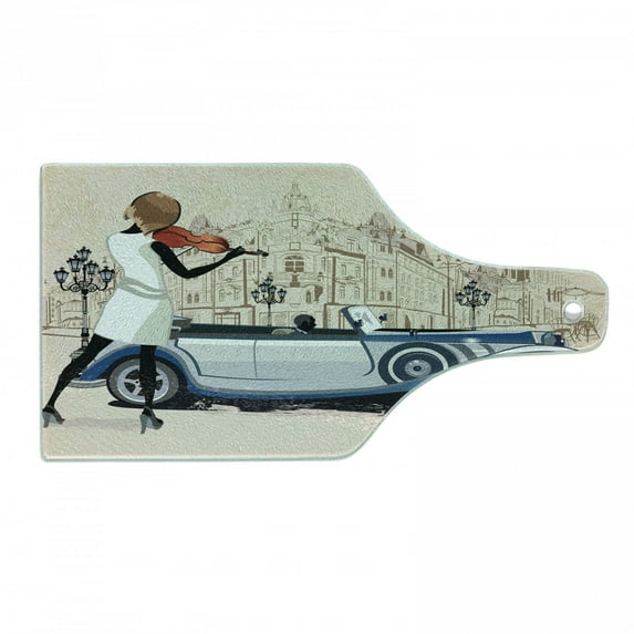 Urban Cutting Board, Hand Drawn Illustration of Street Musician Retro Cars and Old Buildings Vİntage, Tempered Glass Cutting and Serving Board, Wine Bottle Shape, Beige and Brown, by Ambesonne