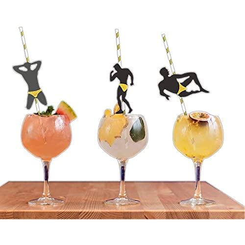 Bachelorette Party Decorations Straws I 24 Pack Stripper Pole Dancer Straw I Black and Gold Glitter Confetti Pre Glued I Bridal Shower Supplies Crazy Silly Party Straws Drinking Favors Striper Games