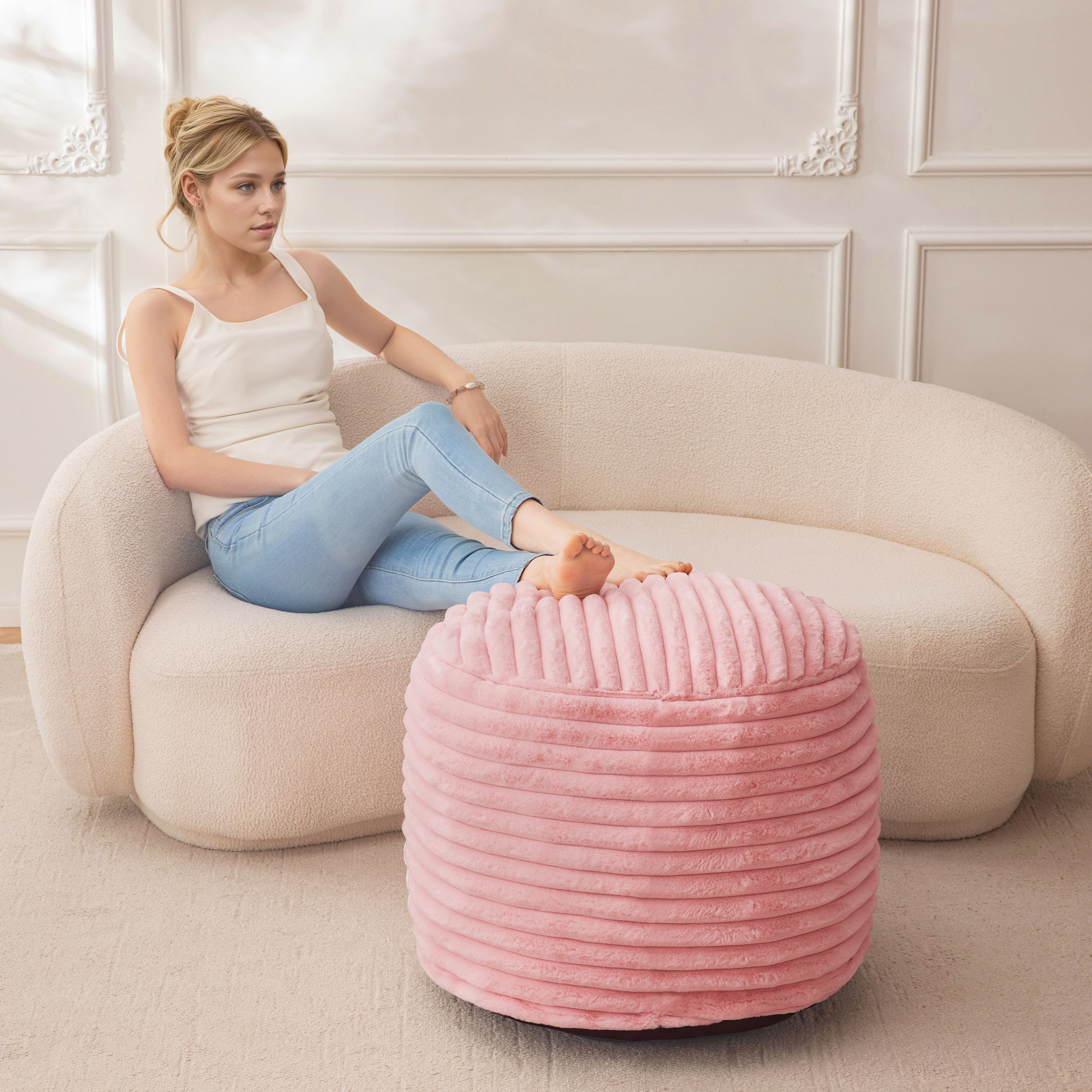 BYBYME Round Plush Striped Ottoman, Pink photo 3