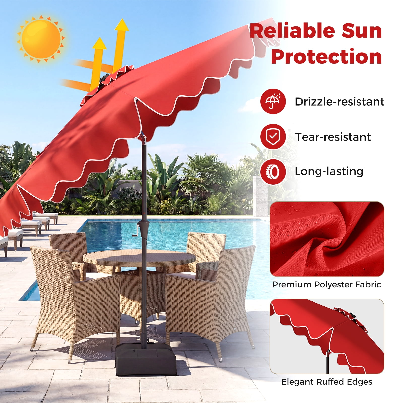 Costway 10 FT Outdoor Patio Umbrella with 32 Solar LED Lights & Weighted Base, Sandbags Red