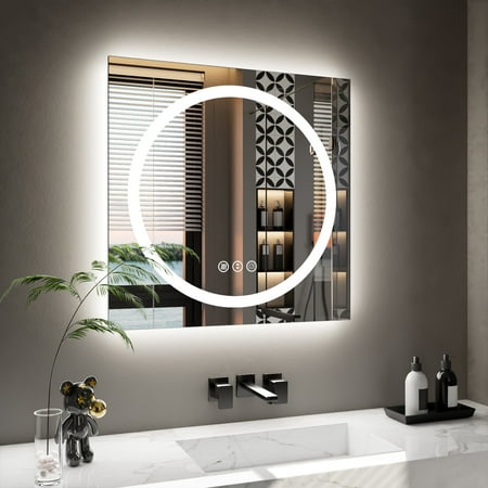 Double-layer LED Bathroom Mirror 28x28 Inch Wall Mirrors with Anti-Fog Vanity Mirror  Shatter-Proof Memory Makeup Mirror with LED Lights
