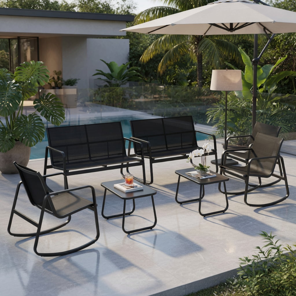 Hommoo 4-Piece Metal Patio Rocking Set with Tempered Glass Coffee Table, Outdoor Rocking Chairs & Loveseat for Backyard, Poolside & Balcony, Black