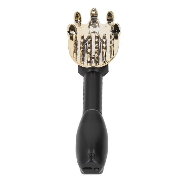 rascador de espalda eléctrico, herramiente de masaje para rascar el cuerpo, extensible, eficaz para aliviar la picazón, para vije en casa — vista frontal centrada de rascador eléctrico Anggrek negro con mango ergonómico, poste telescópico de tres secciones extensible hasta aprox. 45 cm (17.7 in) y cabezal dorado de cinco dedos con puntas redondeadas y nodos de masaje; cuerpo en ABS y detalles en acero inoxidable, puerto USB visible en la base. Apto también como masajeador portátil para relajación en casa.