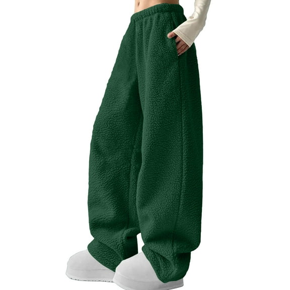 Fuzzy Pajama Pants for Women with Cuff,Fall Winter Y2K Fleece Sweatpants,Loose Fit Warm Cozy Trouser with Pockets,S-5XL