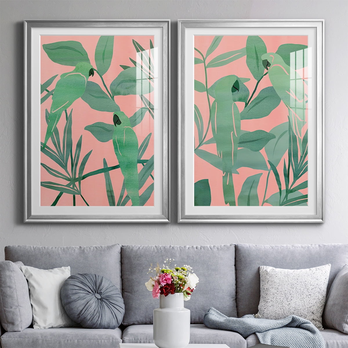 Wexford Home Pink and Green Birds of Paradise I Premium Framed Print, 26.5" x 36.5" - Ready to Hang, Silver (Set of 2)